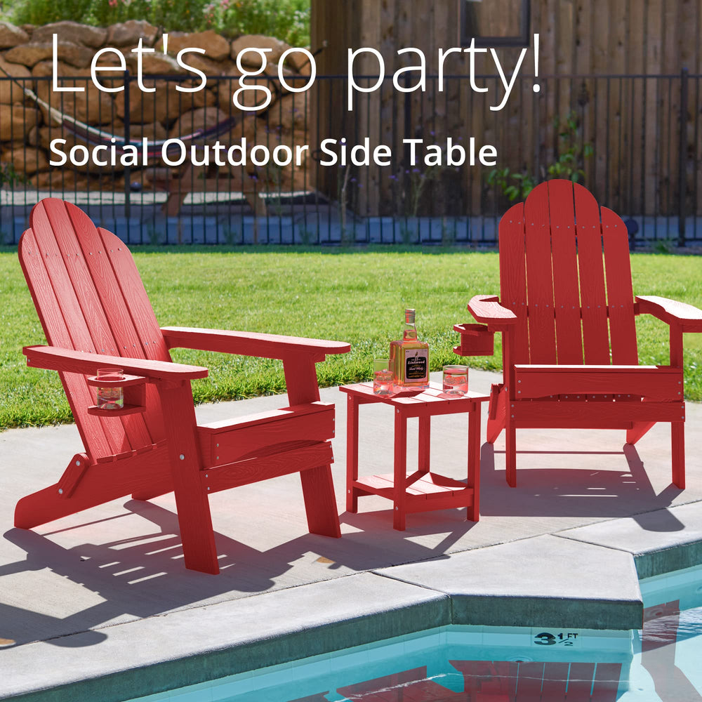 LUE BONA table beside Adirondack chair showing scale and seating convenience