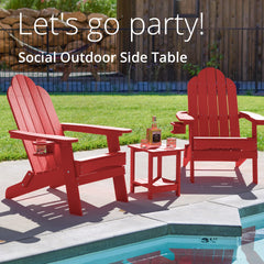 LUE BONA table beside Adirondack chair showing scale and seating convenience