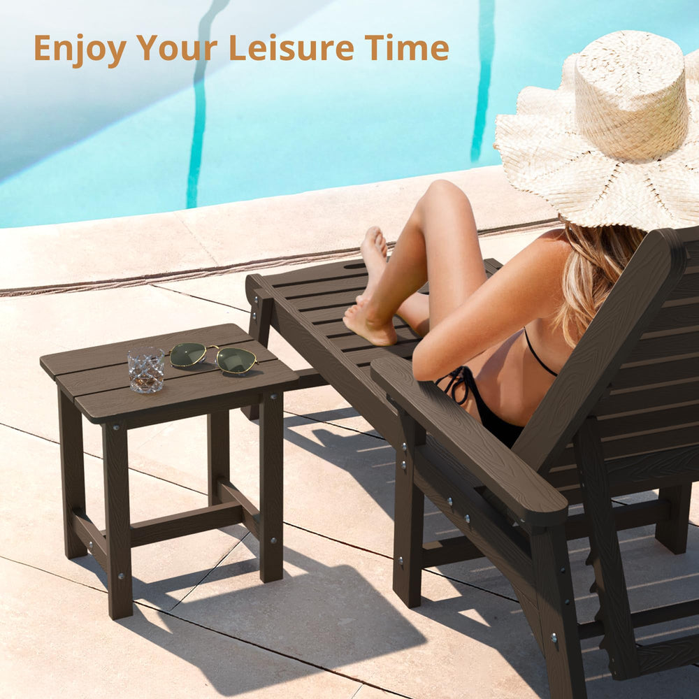 LUE BONA side table holding drinks on a patio showing convenience and weather resistance