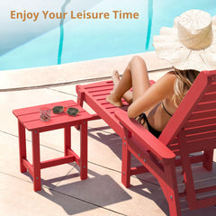 LUE BONA red table beside an Adirondack chair demonstrating convenient reach