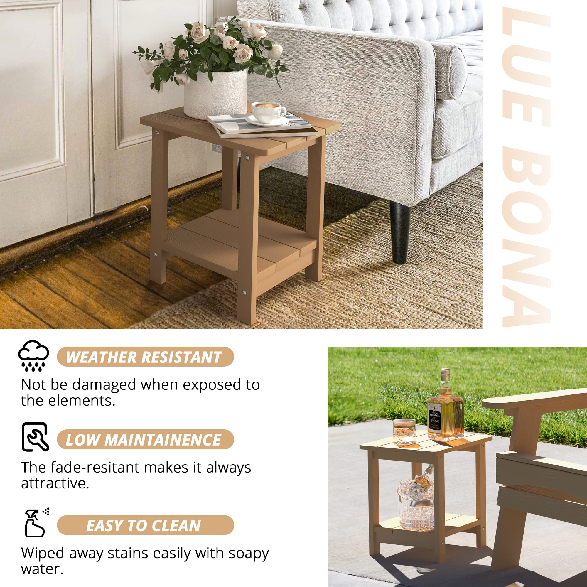 LUE BONA table beside Adirondack chair illustrating compact scale and fit