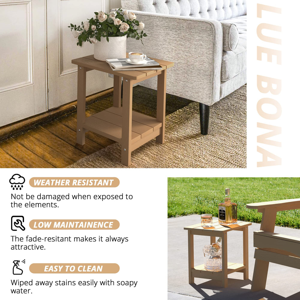 LUE BONA table beside Adirondack chair illustrating compact scale and fit