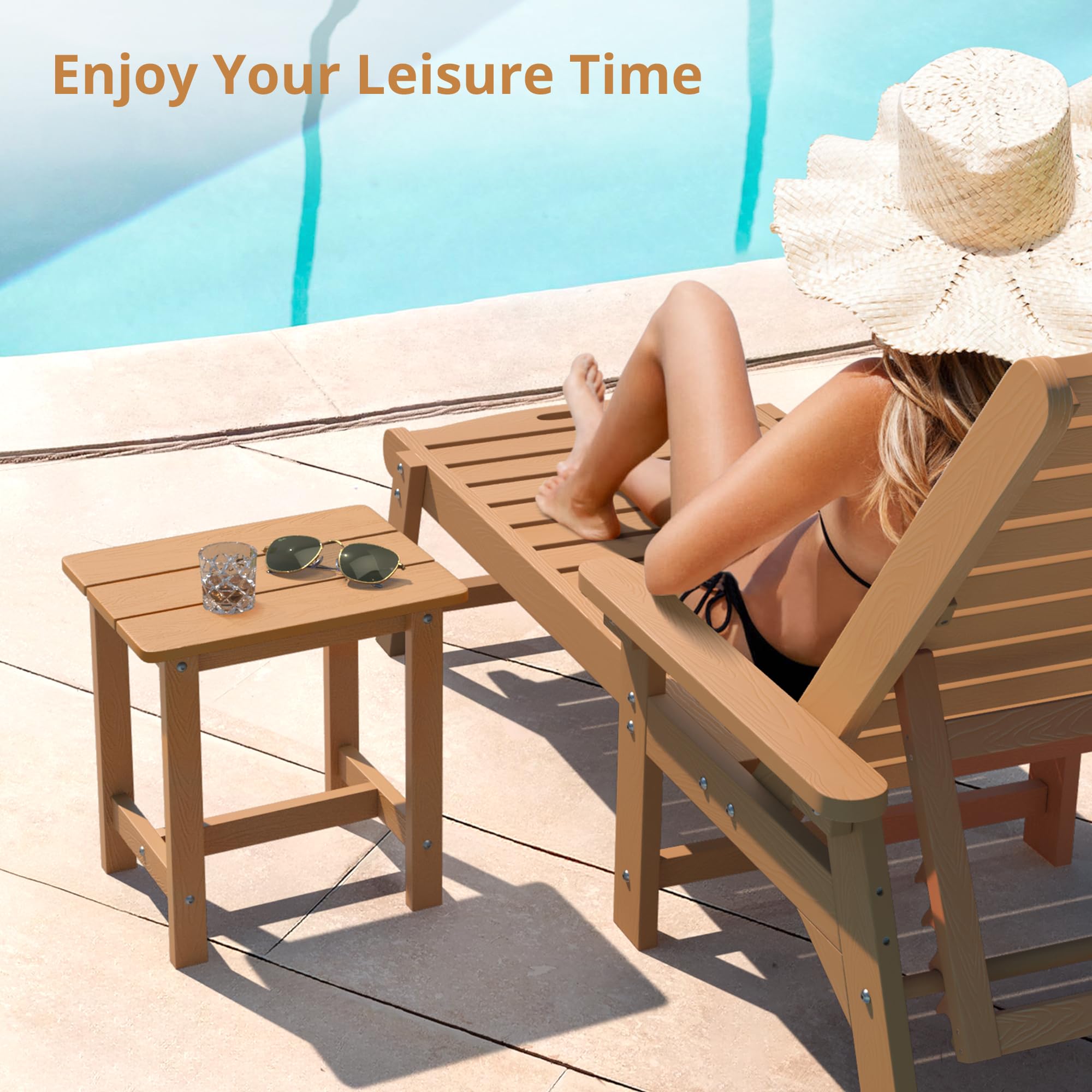 LUE BONA side table beside Adirondack chair showing convenient reachability
