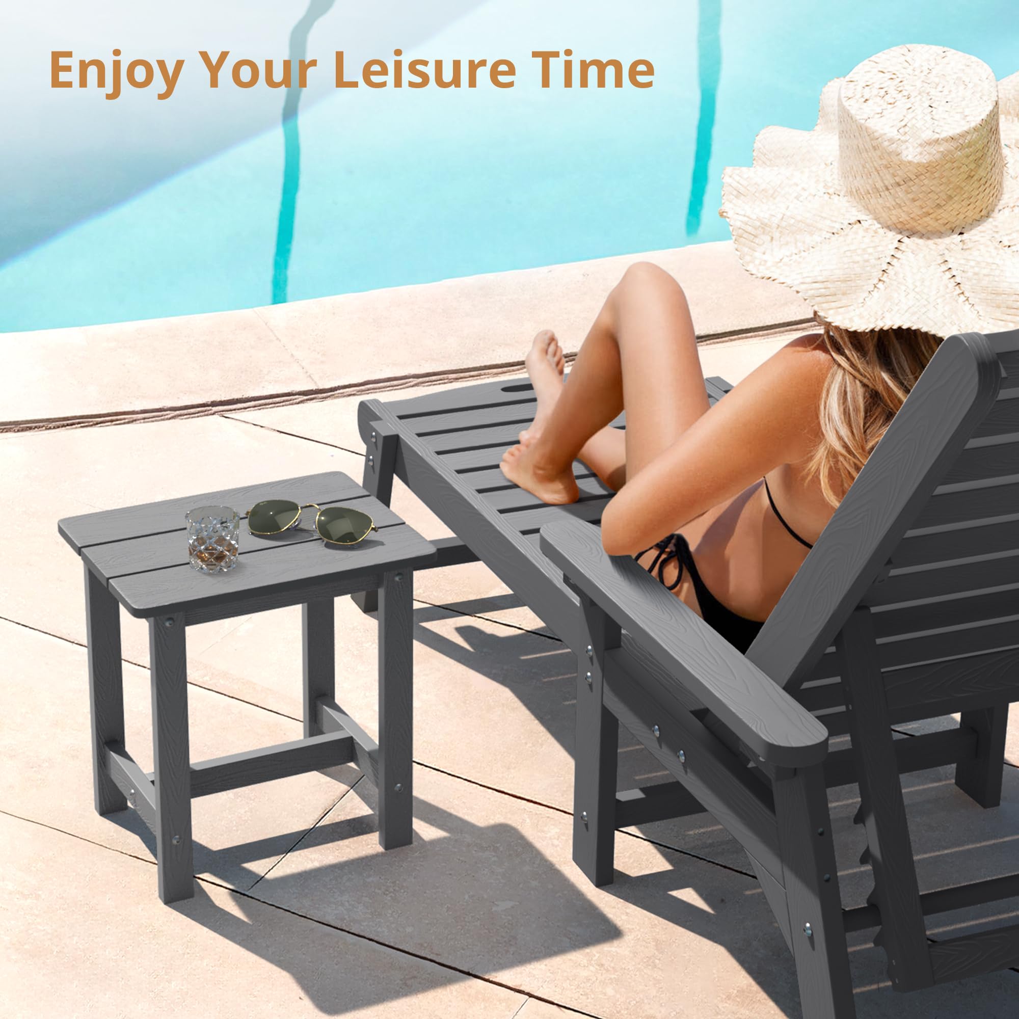 LUE BONA table placed beside Adirondack chair demonstrating convenient reach