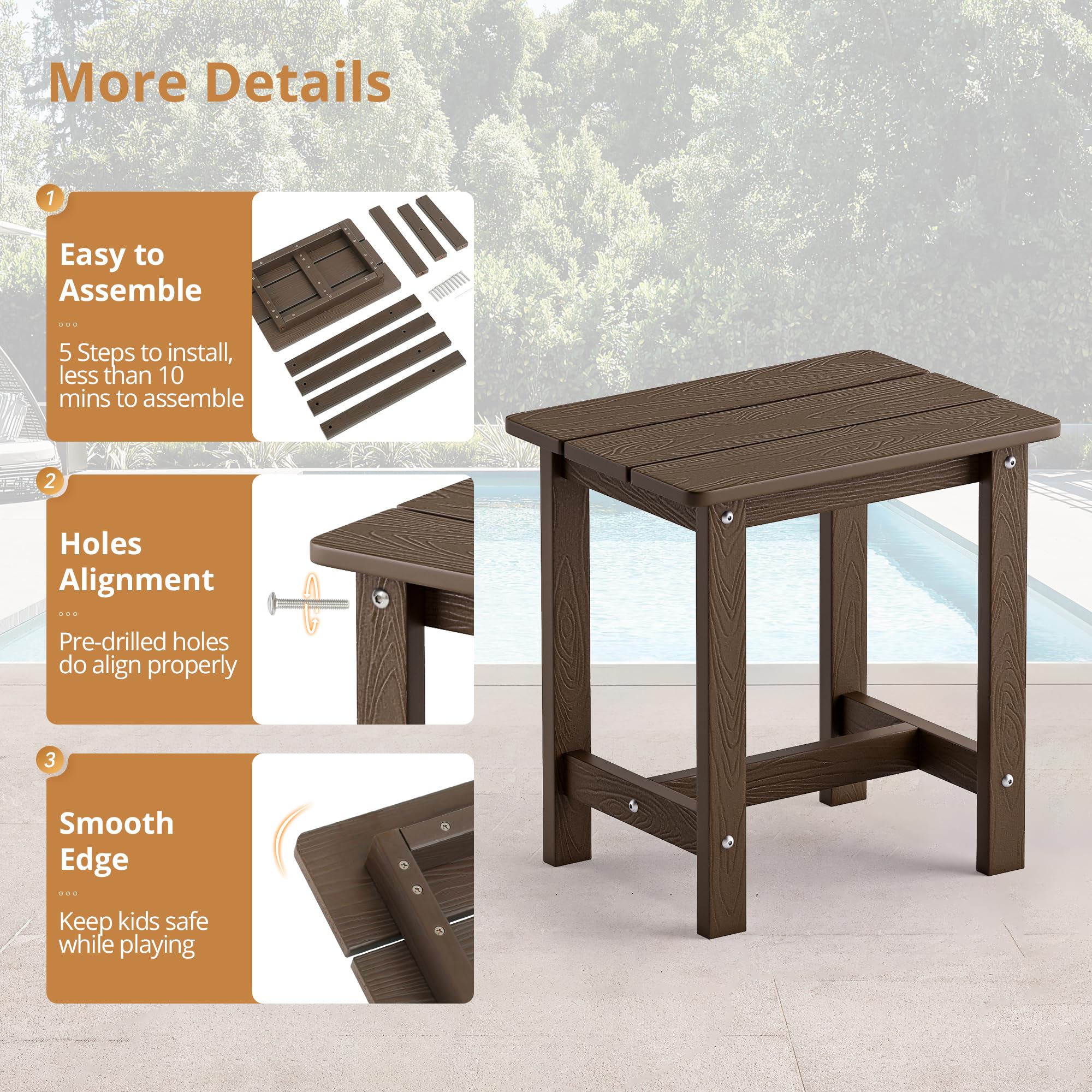 LUE BONA pair of tables by a pool showing water-resistant benefit and coordinated style