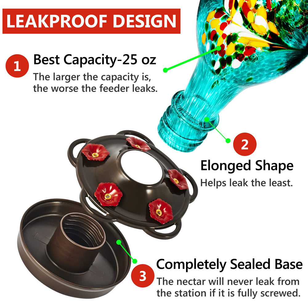 LUJII feeder in use with hummingbirds feeding from multiple ports, encourages visits