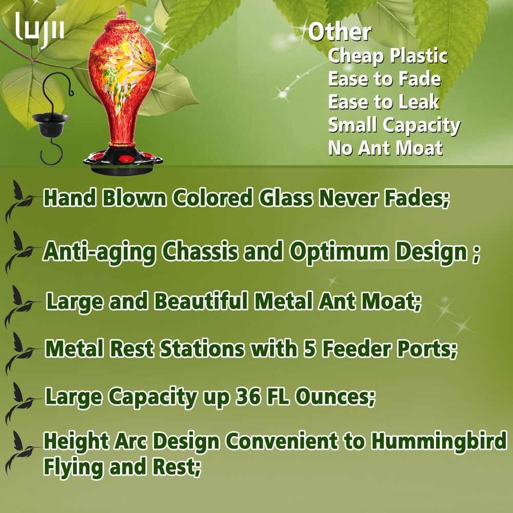 LUJII detailed feeding ports and perches, showing multiple hummingbird access points