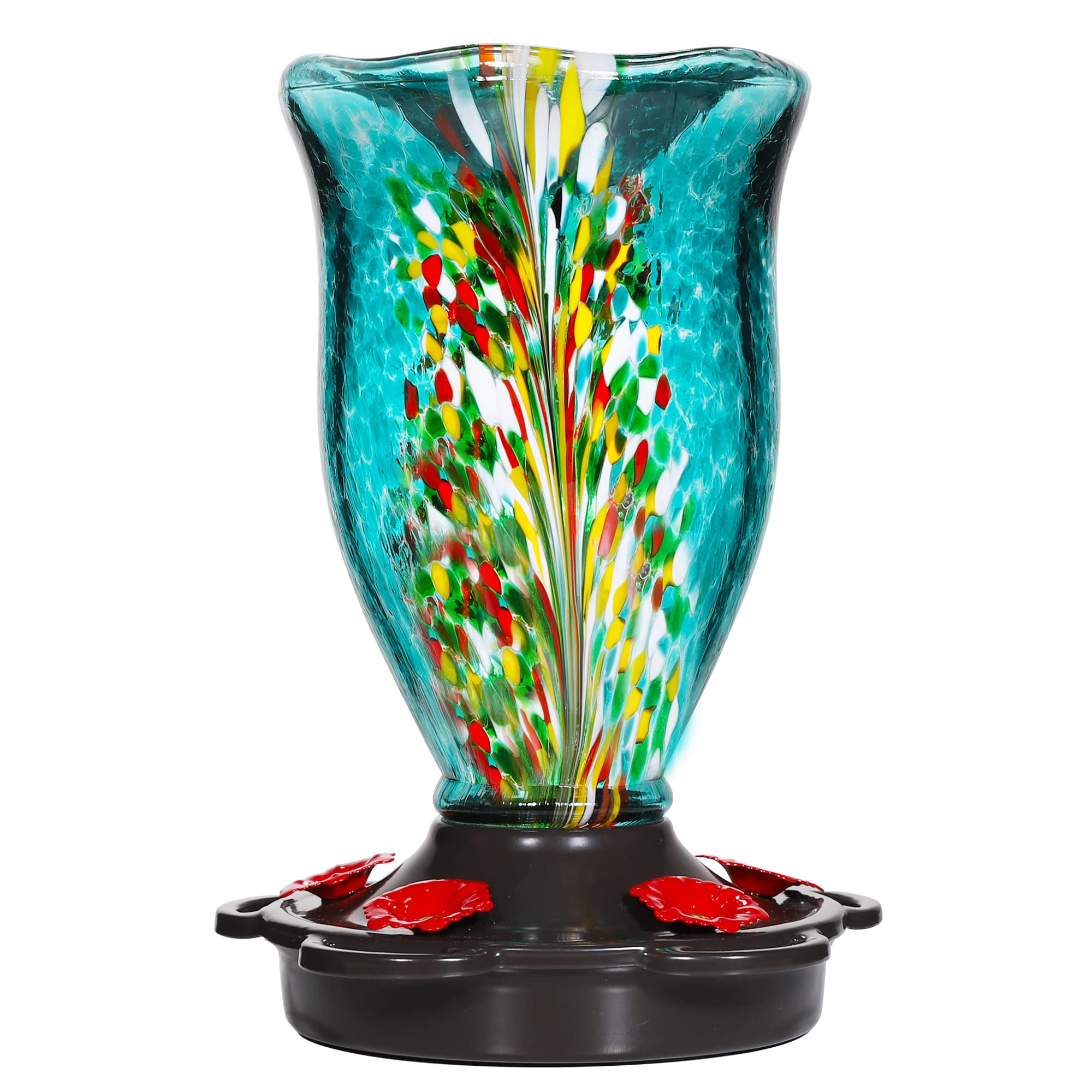 LUJII front view of blue blown-glass feeder showing shape and hanging loop