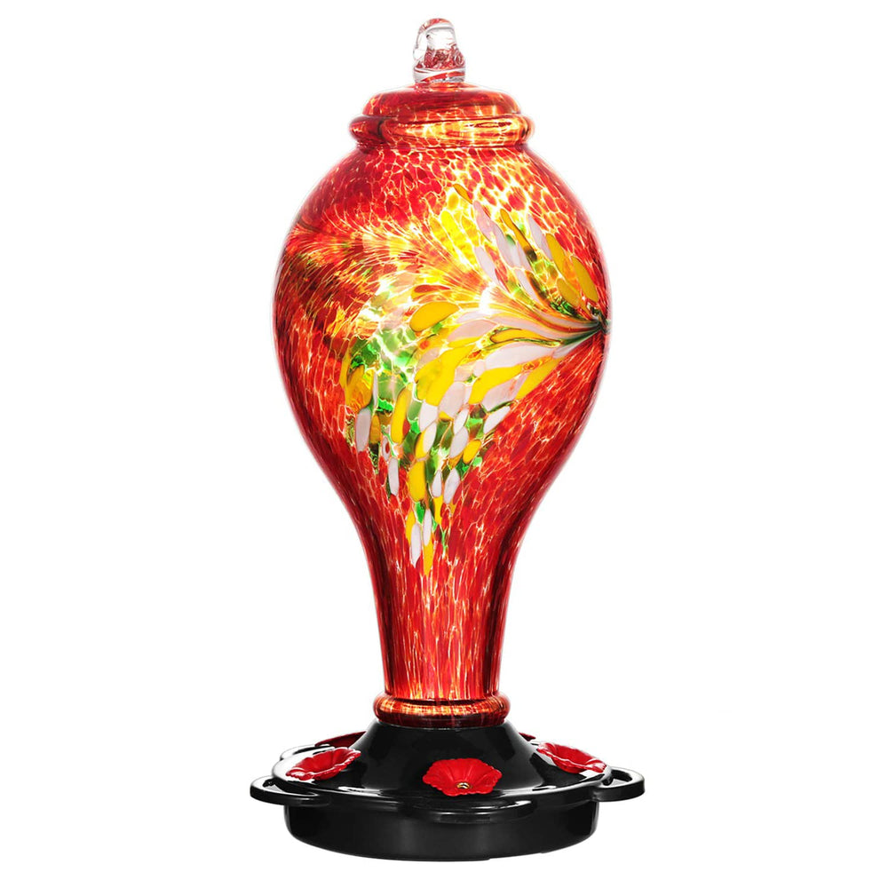 LUJII front view of feeder showing red hand‑blown glass and five ports, for eye‑catching attraction