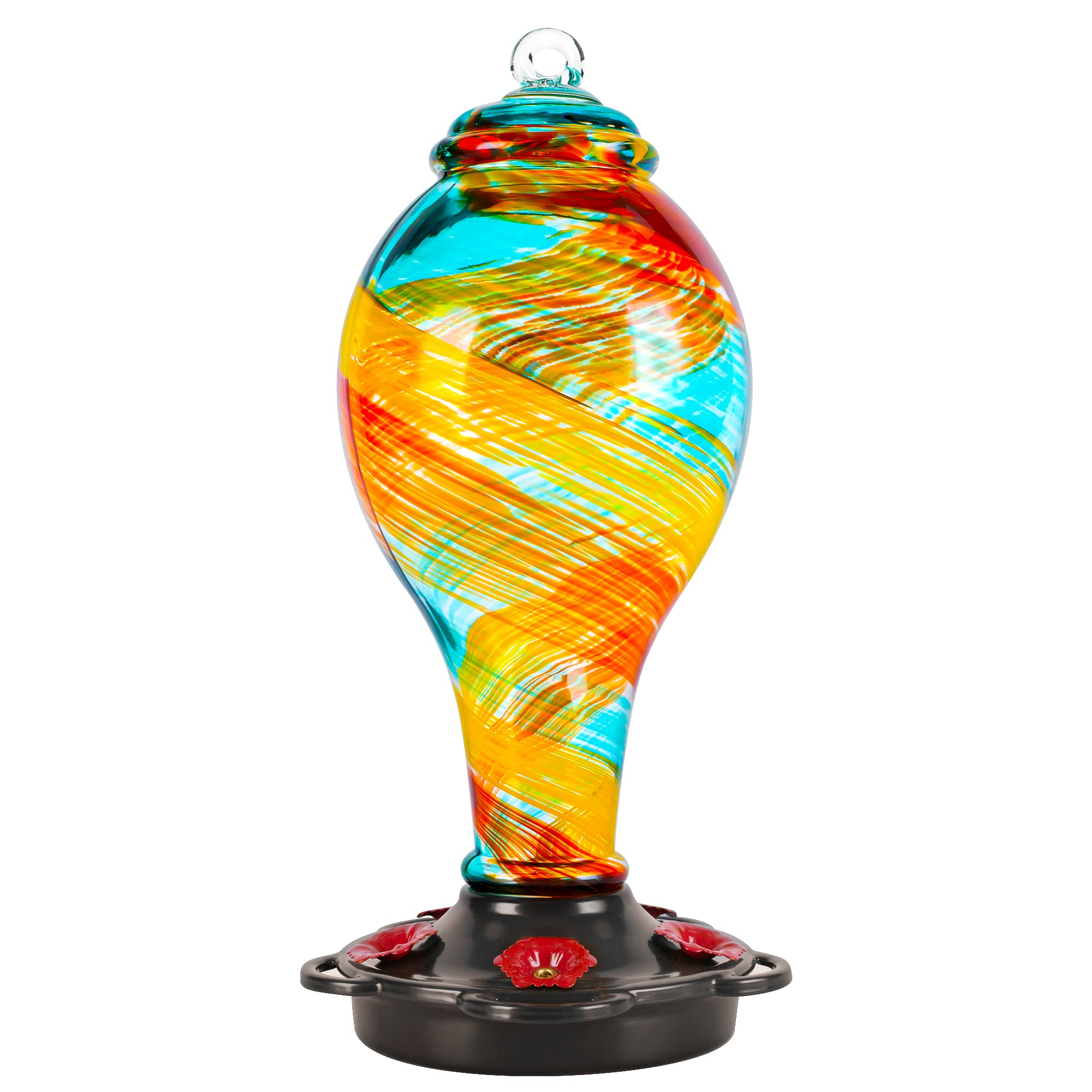 LUJII front view of hand-blown feeder showing elegant glass and ports, decorative and functional