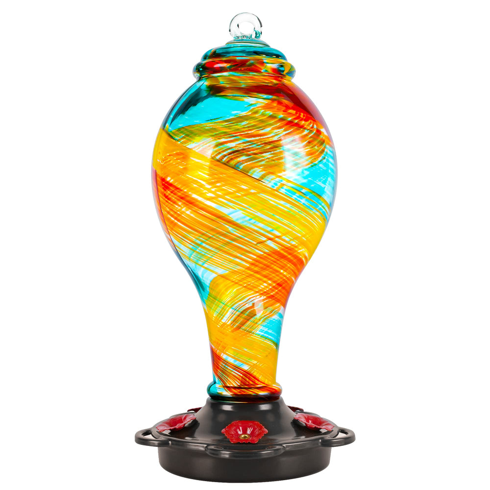 LUJII front view of hand-blown feeder showing elegant glass and ports, decorative and functional