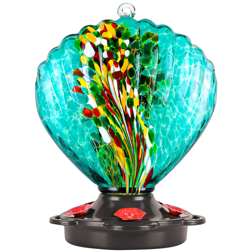 LUJII front view seashell feeder showing teal glass and five ports, adds garden charm