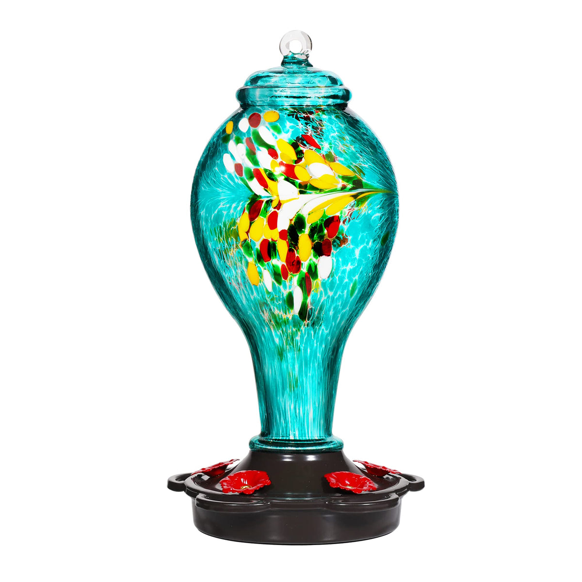 LUJII teal feeder front view showing vibrant color and ports, attracts birds