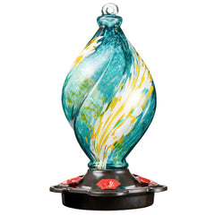 LUJII teal spiral feeder front view showing colorful glass and curb appeal