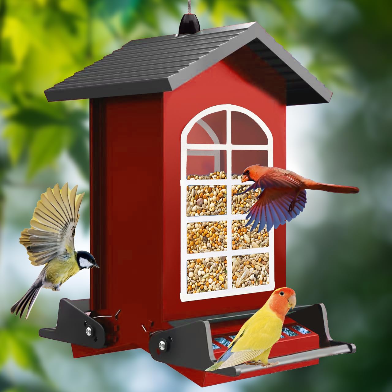 LUKCOZMO feeder front view showing metal body and perches, durable outdoor feeding