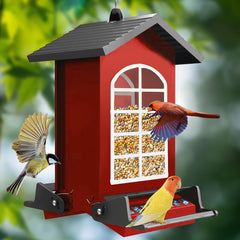 LUKCOZMO feeder front view showing metal body and perches, durable outdoor feeding