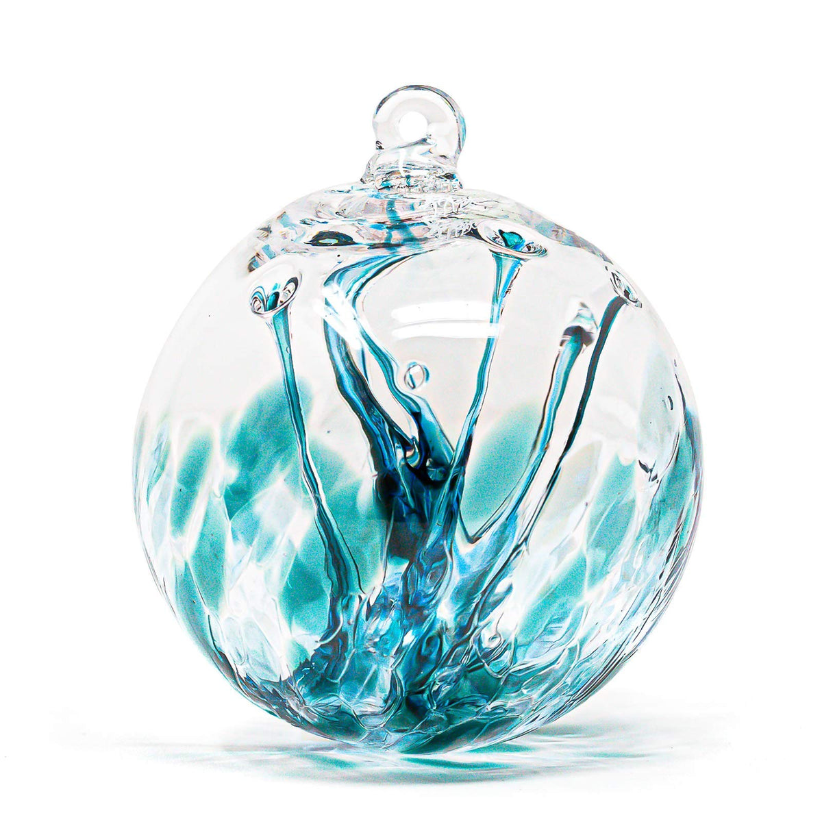 Luke Adams gazing ball front view showing vibrant recycle teal and reflective shine
