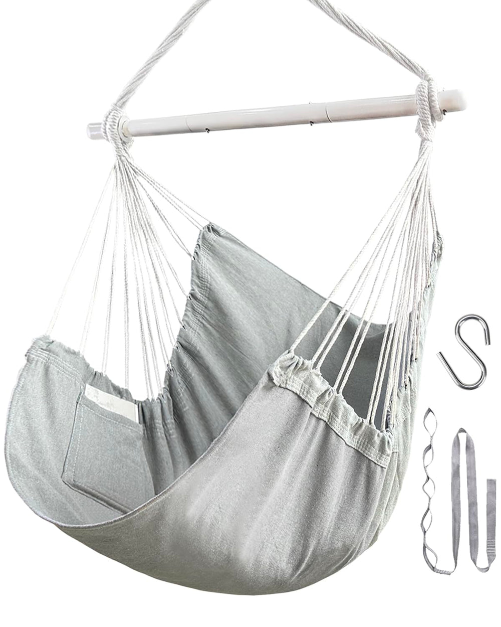 Lulladle front view of hanging hammock chair showing whole seat and bar, comfortable seating