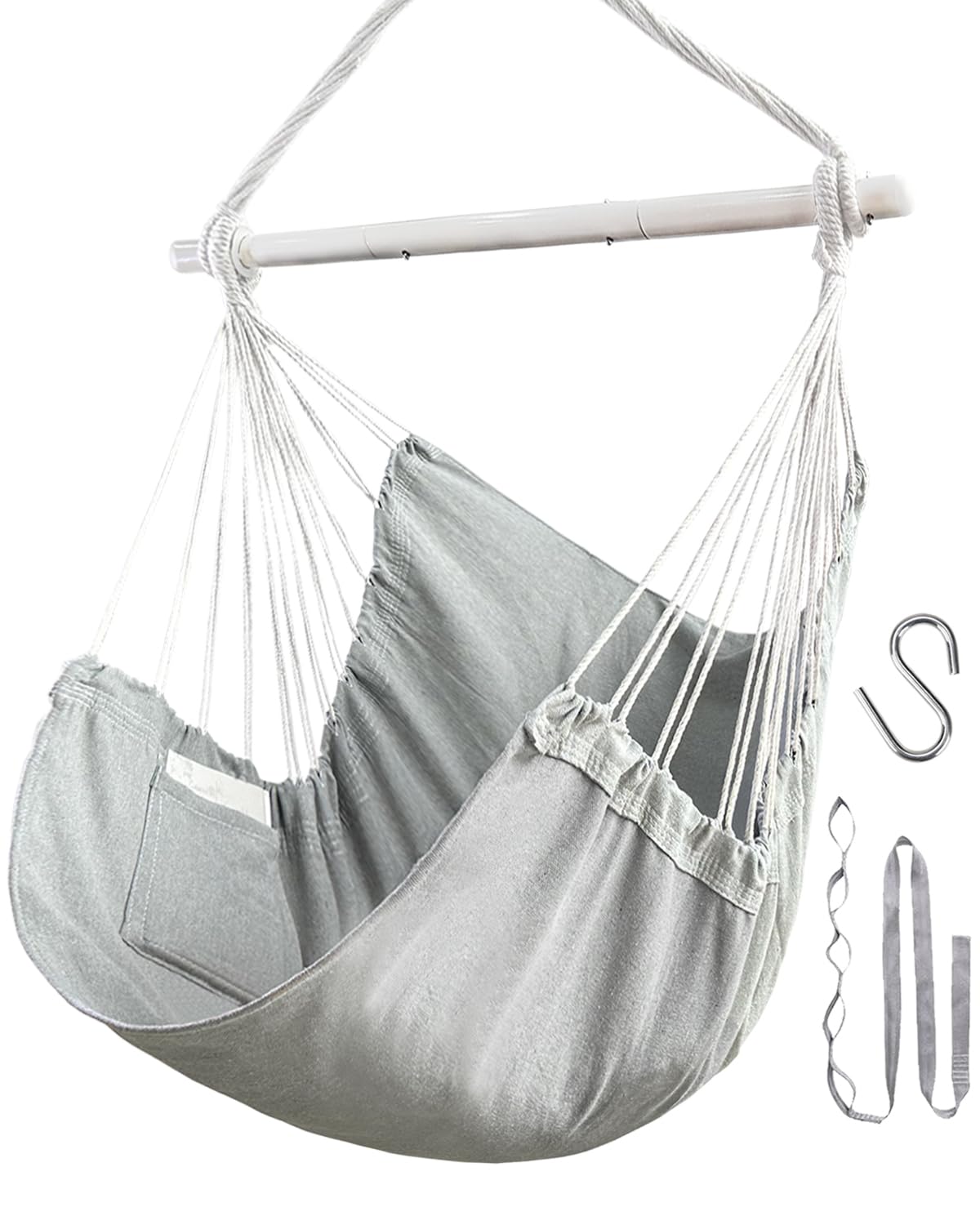 Lulladle front view of hanging hammock chair showing whole seat and bar, comfortable seating