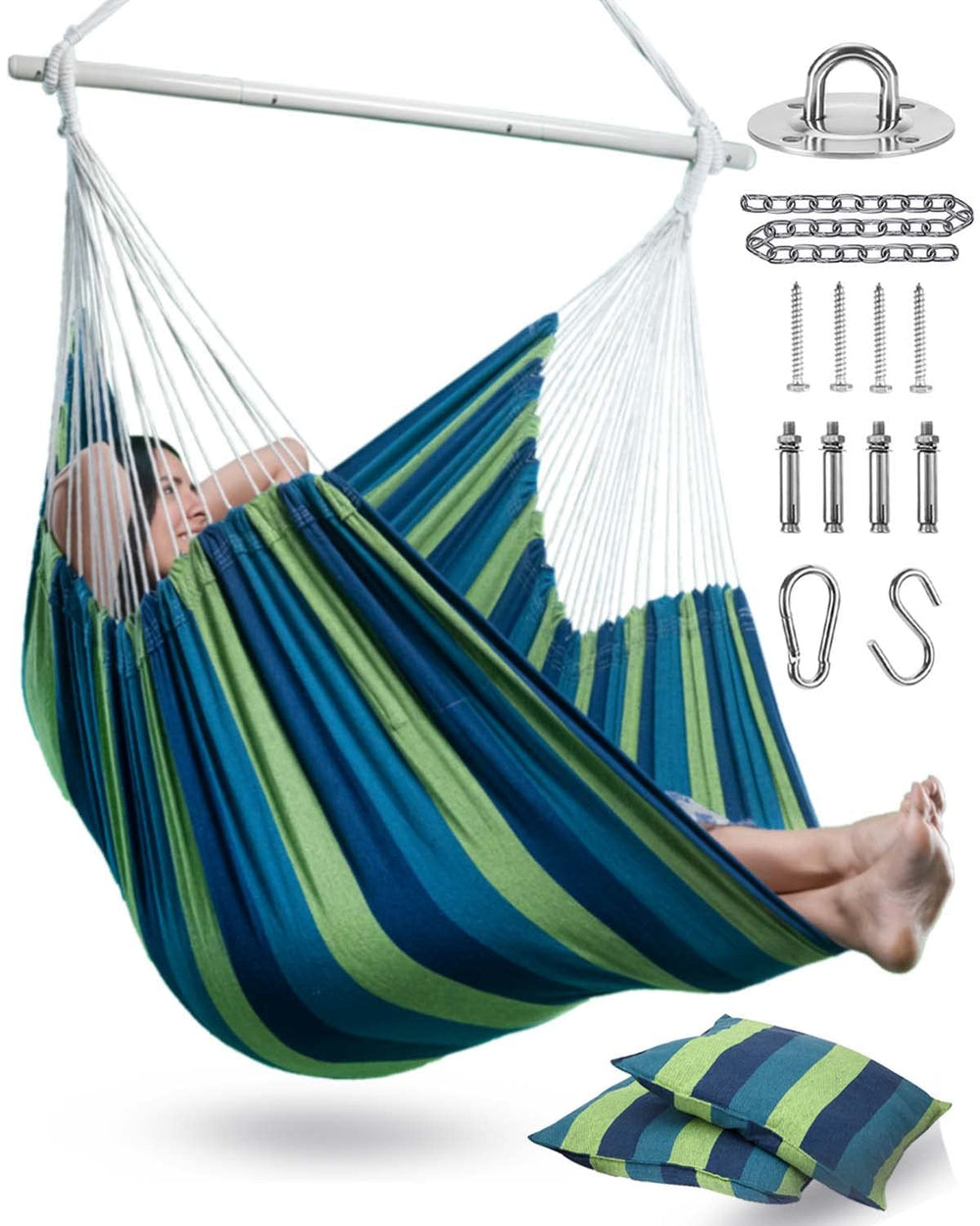 Lulladle front view of XXL hammock chair showing roomy seat and two cushions for comfort