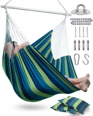 Lulladle front view of XXL hammock chair showing roomy seat and two cushions for comfort