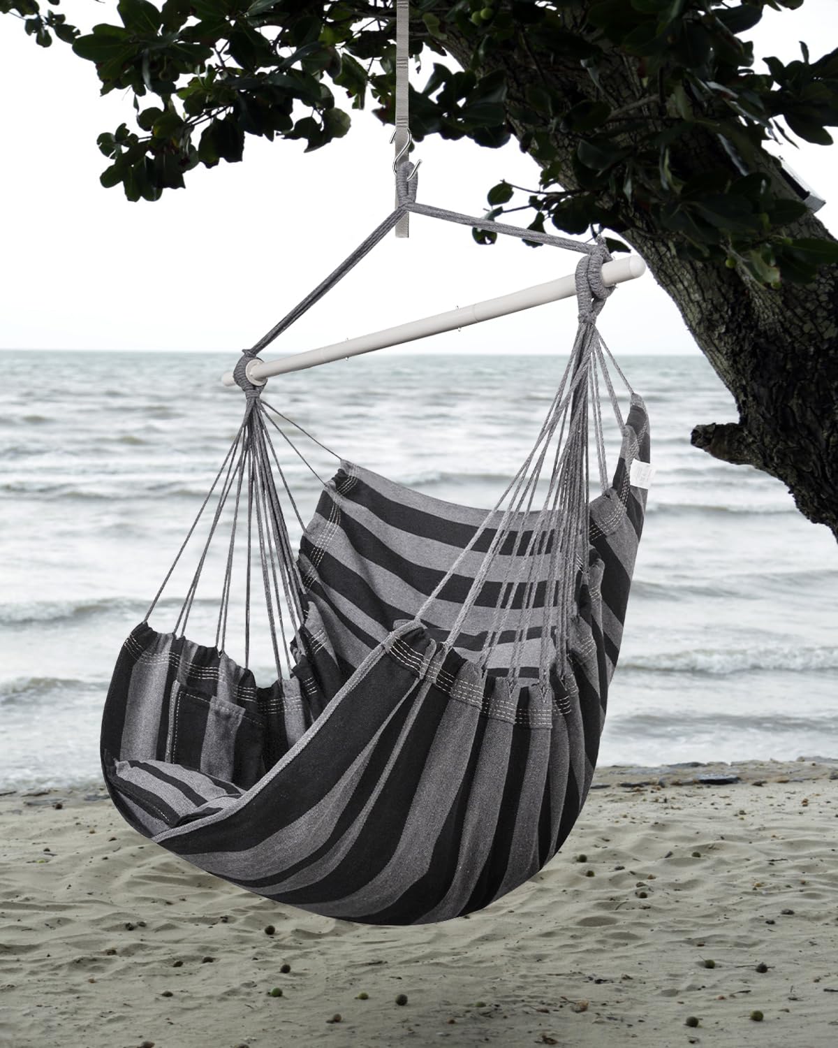 Lulladle hanging chair installed on porch showing durable outdoor use benefit
