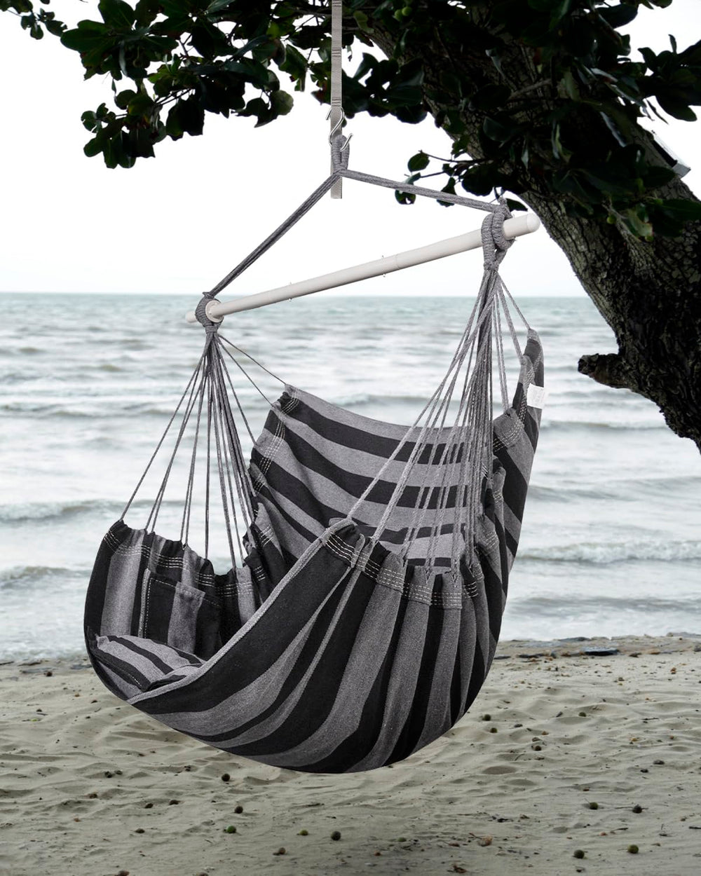 Lulladle hanging chair installed on porch showing durable outdoor use benefit