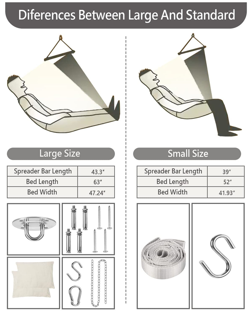 Lulladle complete hanging hardware kit laid out showing chain, S-hook, bolts for secure installation