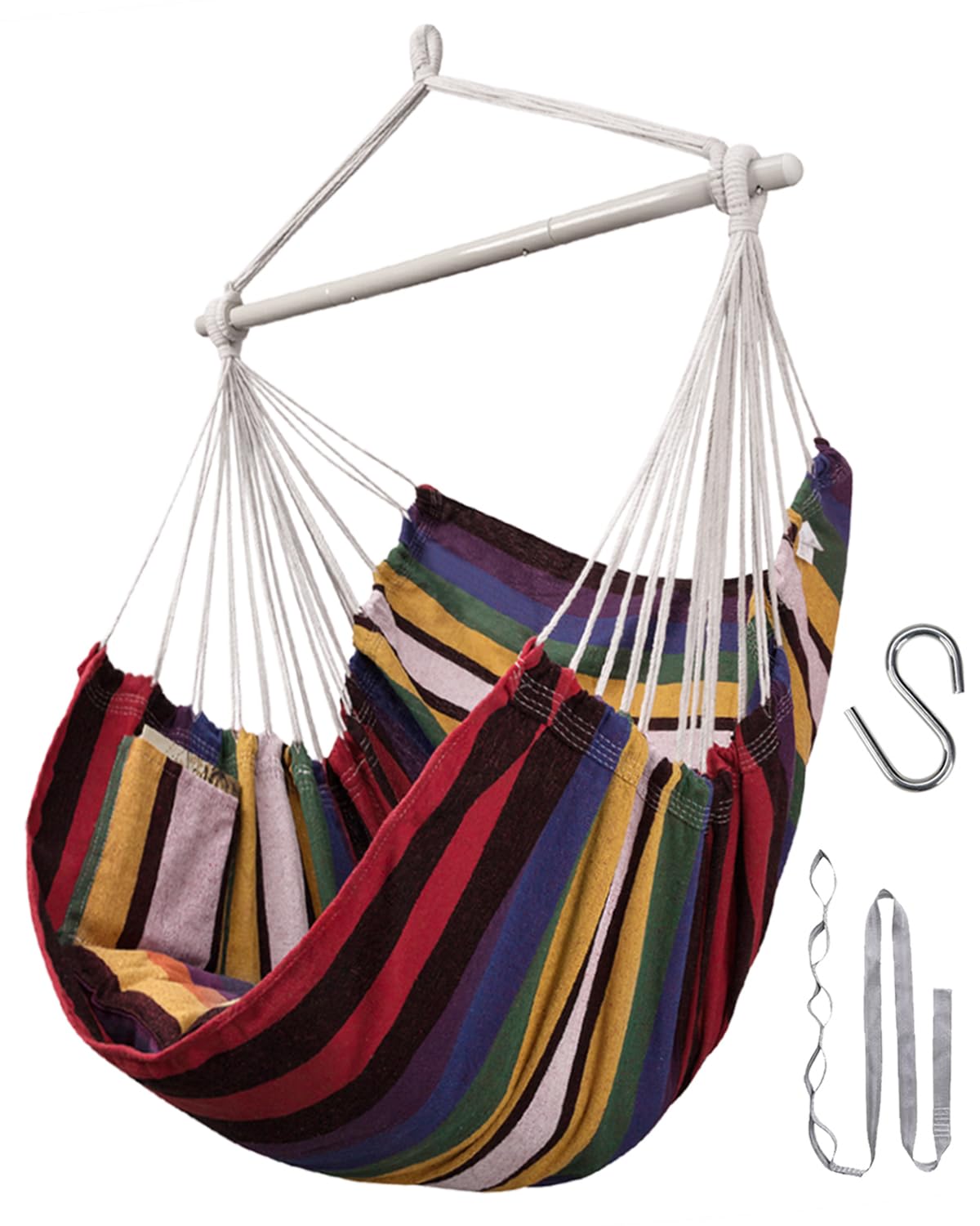 Lulladle rainbow hammock chair front view showing colorful seat and roomy spreader bar benefit relaxation