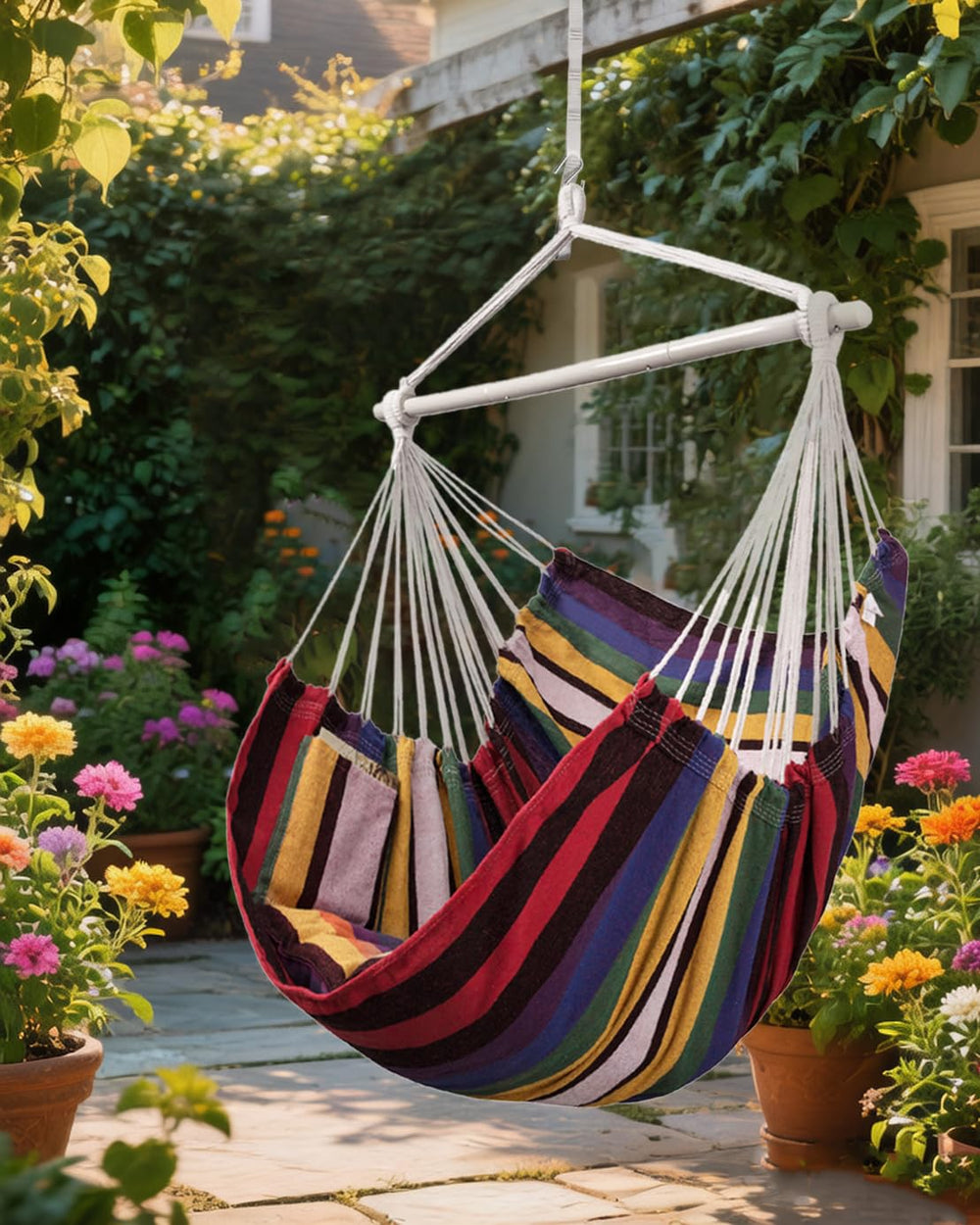 Lulladle rainbow hammock chair hung in bedroom showing compact setup perfect for small spaces