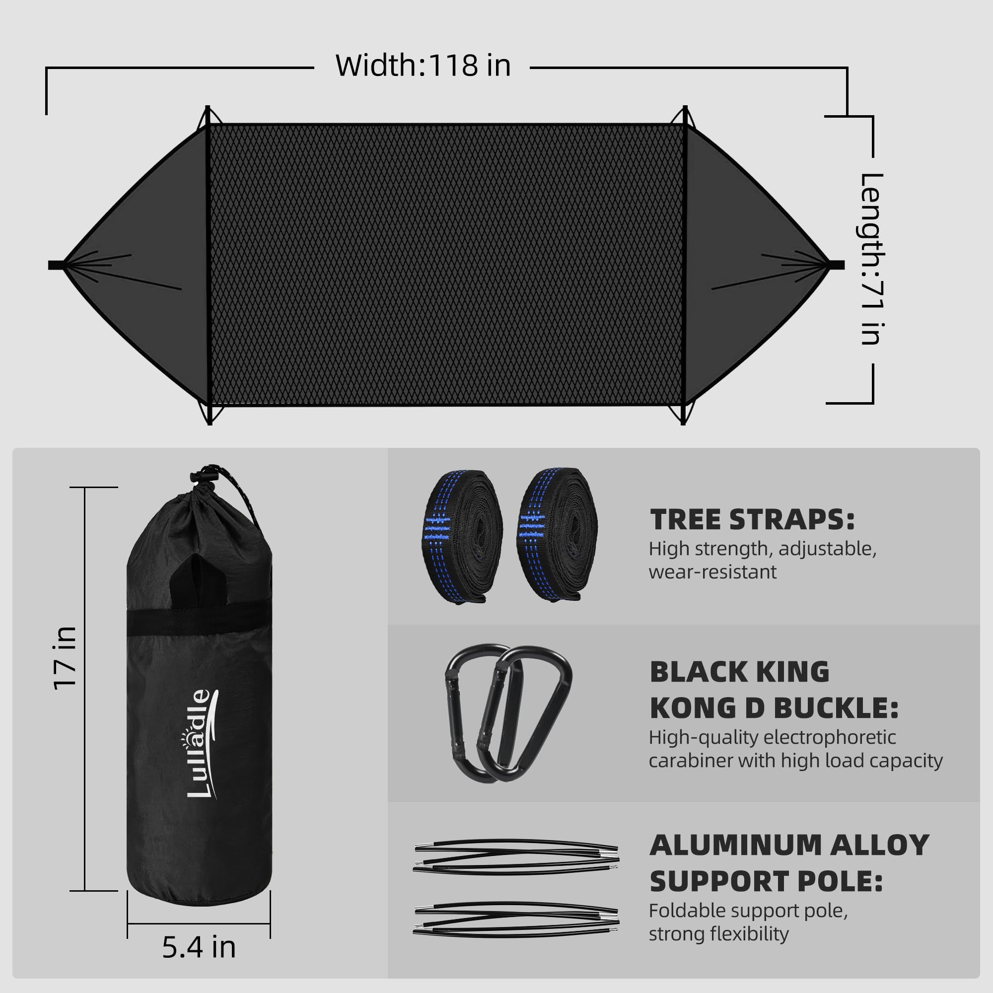 Lulladle hammock beside a backpack showing portable, lightweight packability
