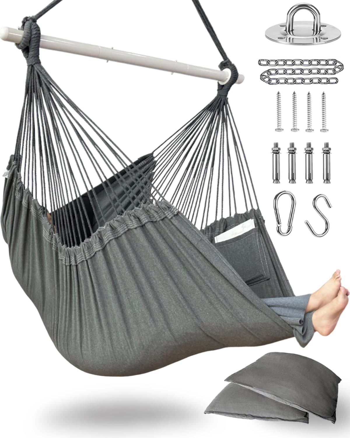 Lulladle front view of XXL hammock chair showing full seat and hanging ropes for roomy comfort