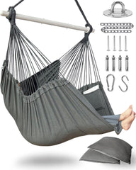 Lulladle front view of XXL hammock chair showing full seat and hanging ropes for roomy comfort