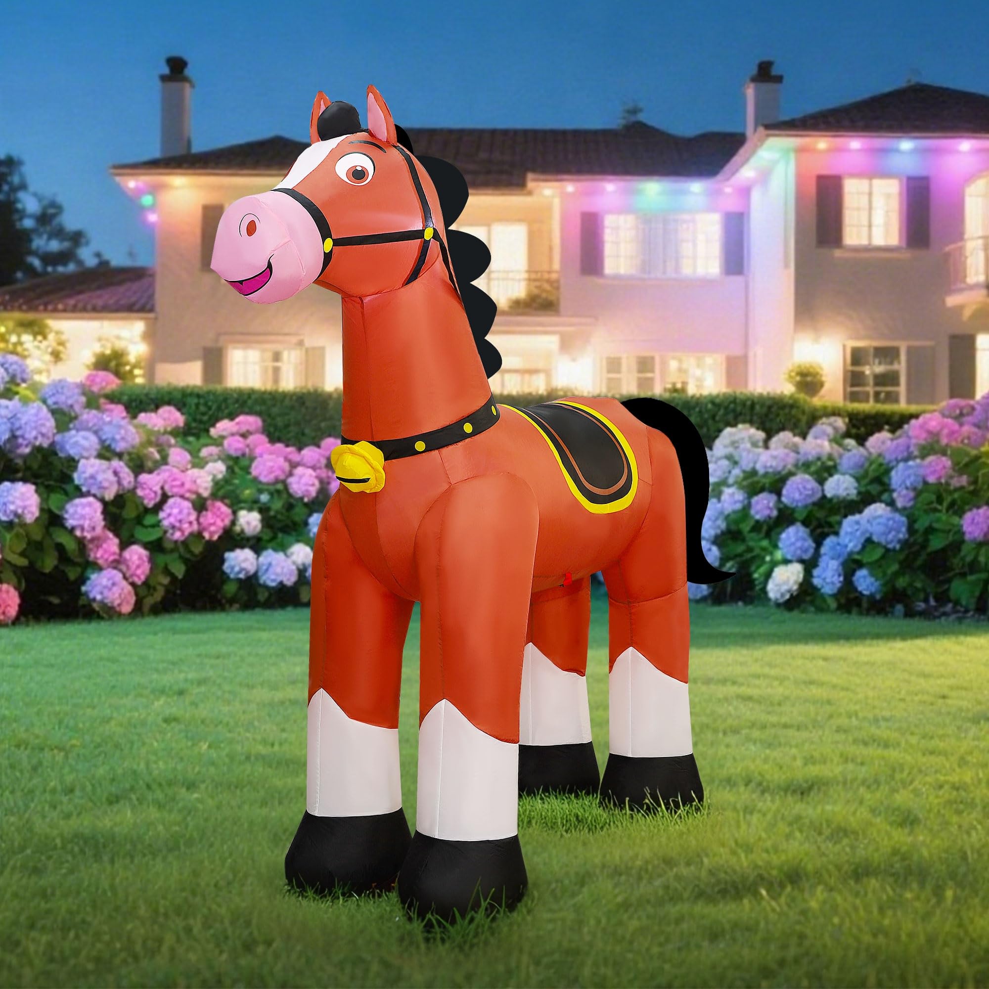 Lulu Home inflatable horse beside person showing 6.2FT scale for size clarity