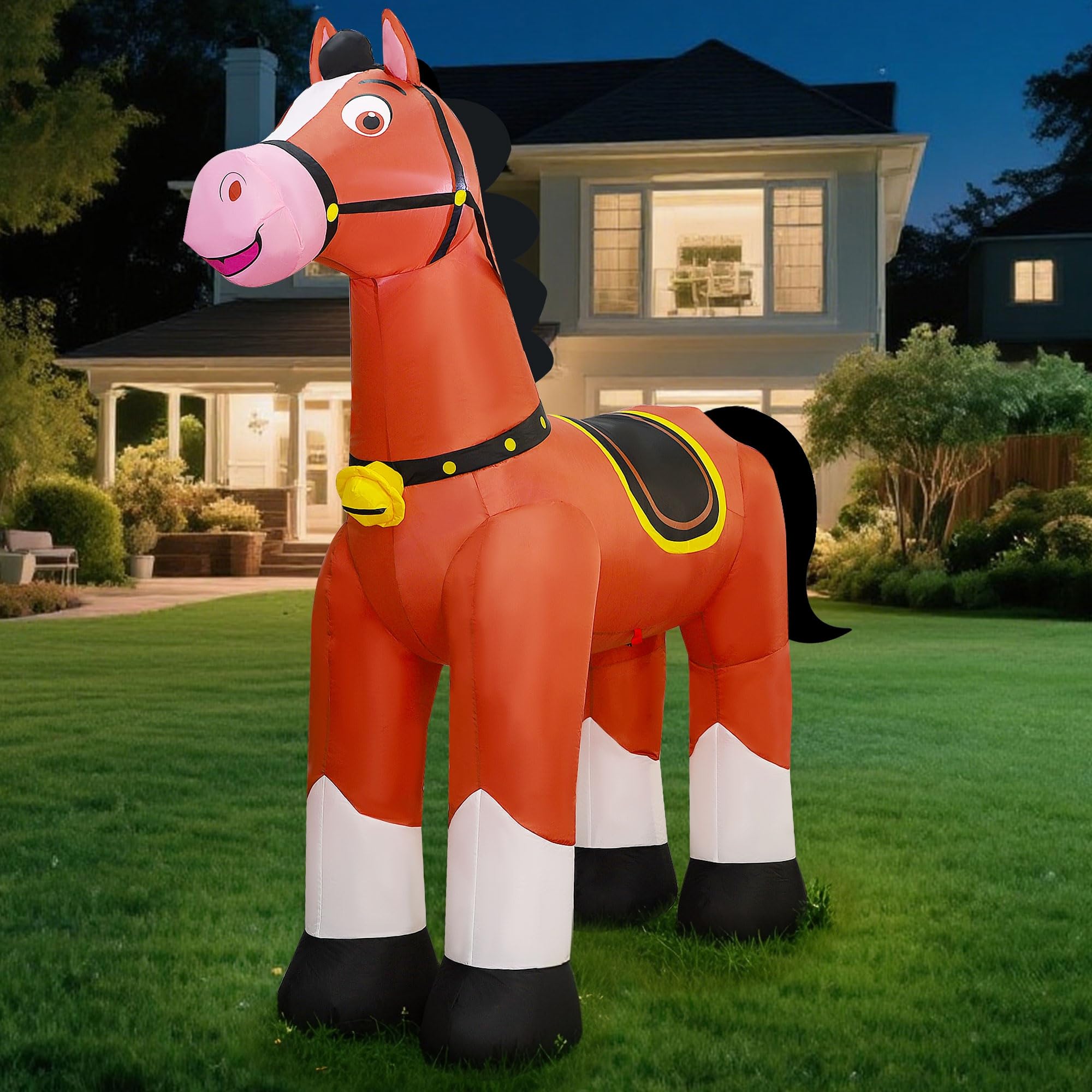 Lulu Home staked inflatable horse in yard showing anchored, wind-resistant setup