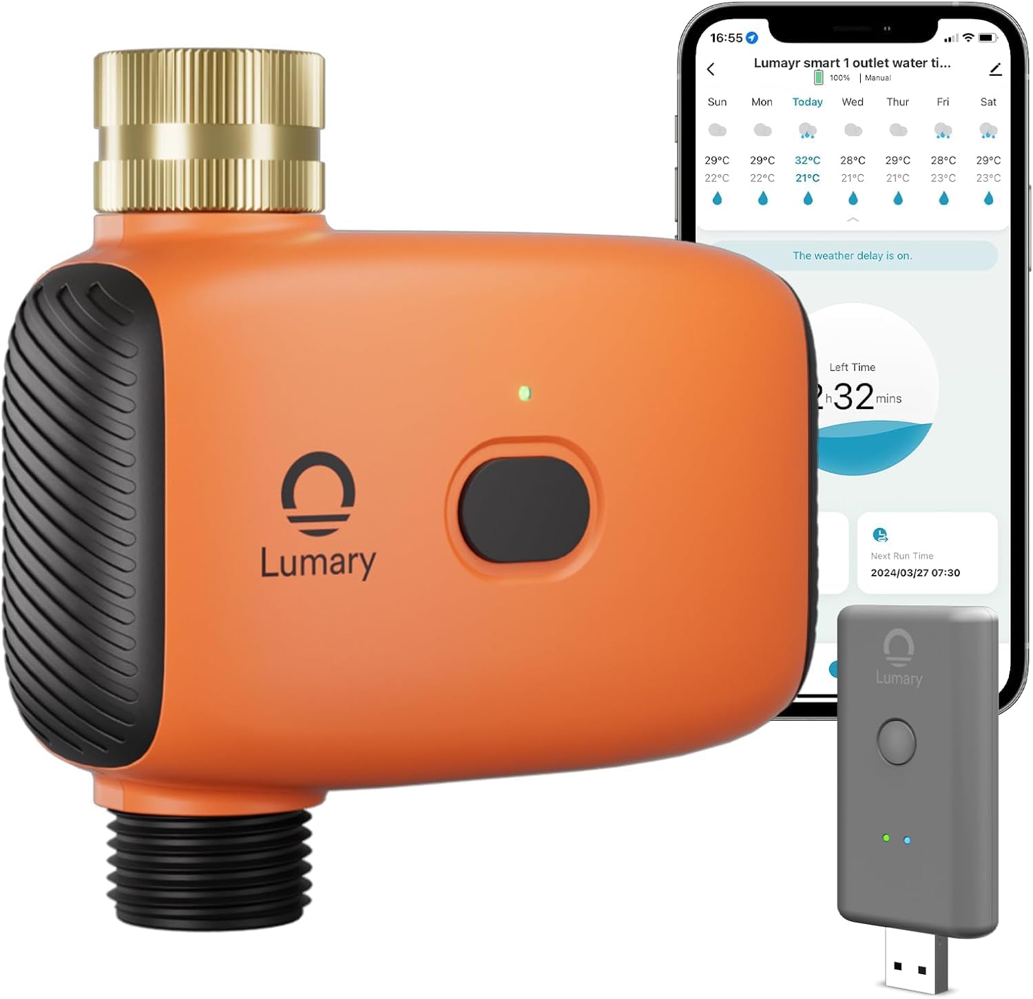 Lumary front-mounted timer on outdoor faucet showing durable fit and easy read display