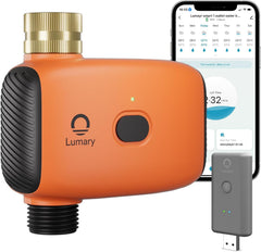 Lumary front-mounted timer on outdoor faucet showing durable fit and easy read display
