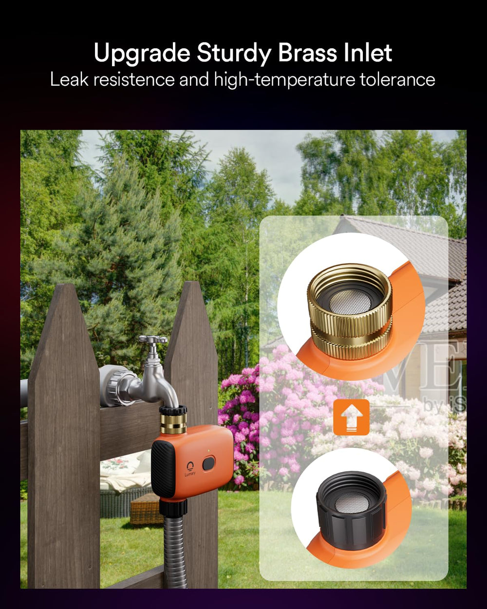 Lumary timer connected to hose watering garden showing automated irrigation benefits