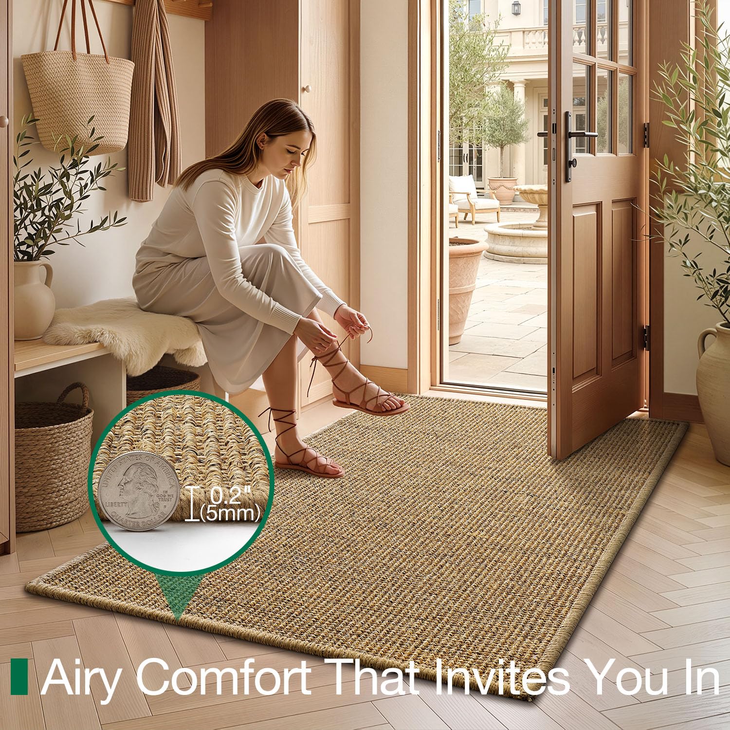 LUMI mat being shaken outside to illustrate easy cleaning and low maintenance