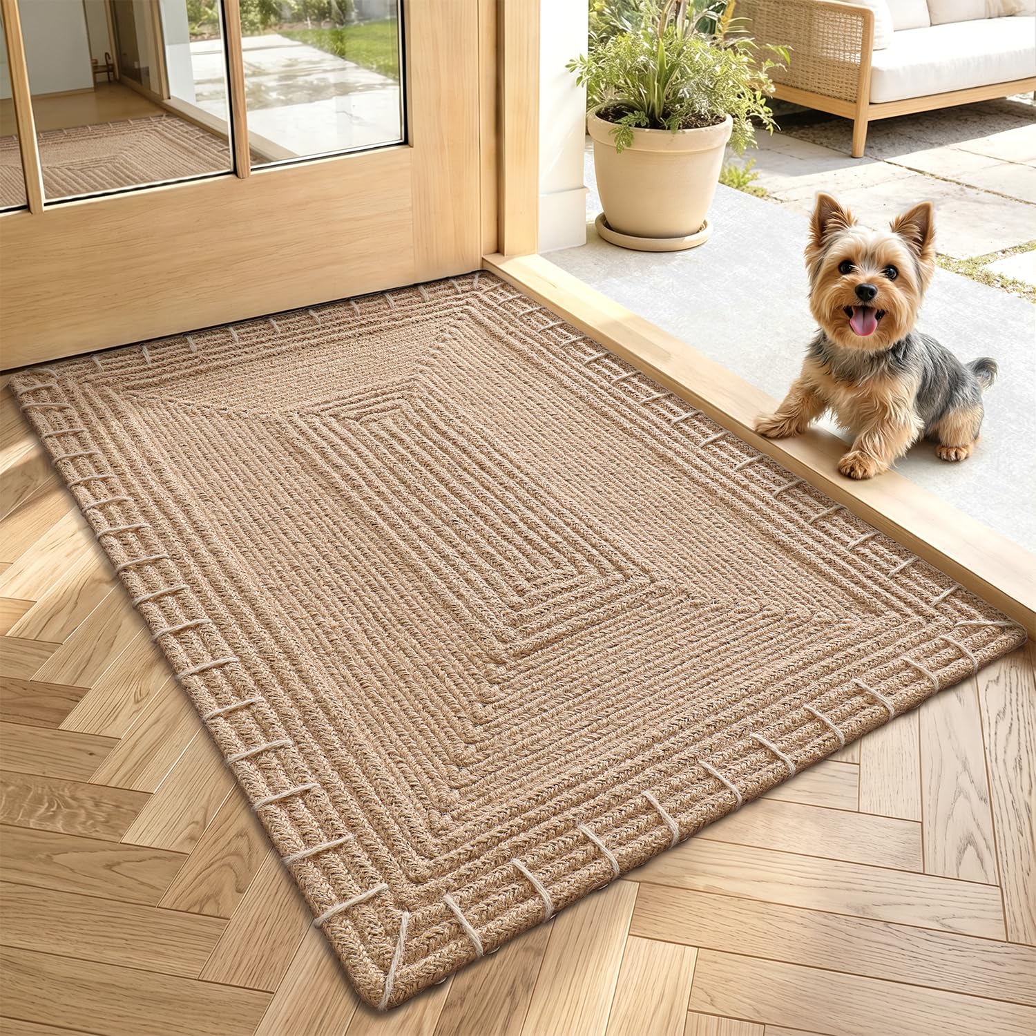 LUMI handwoven jute doormat front view showing natural tone and size benefit