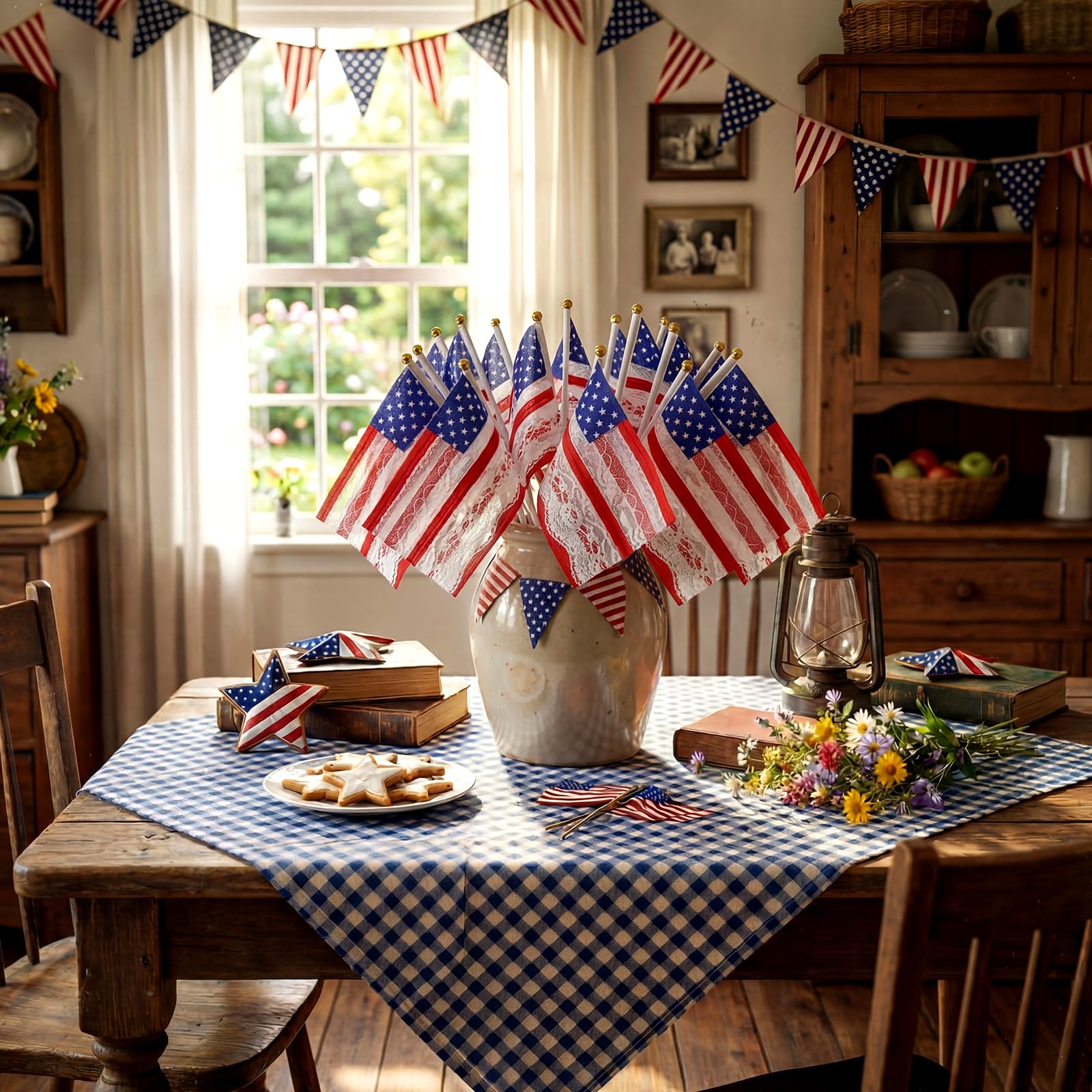 Lumina Garden flags staged as a tabletop centerpiece creating patriotic ambiance benefit