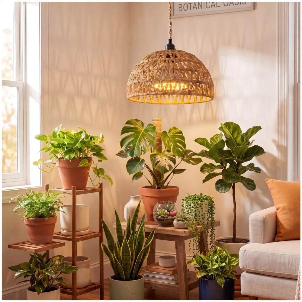 Lumivere front view of hanging grow light enhancing decor and plant health