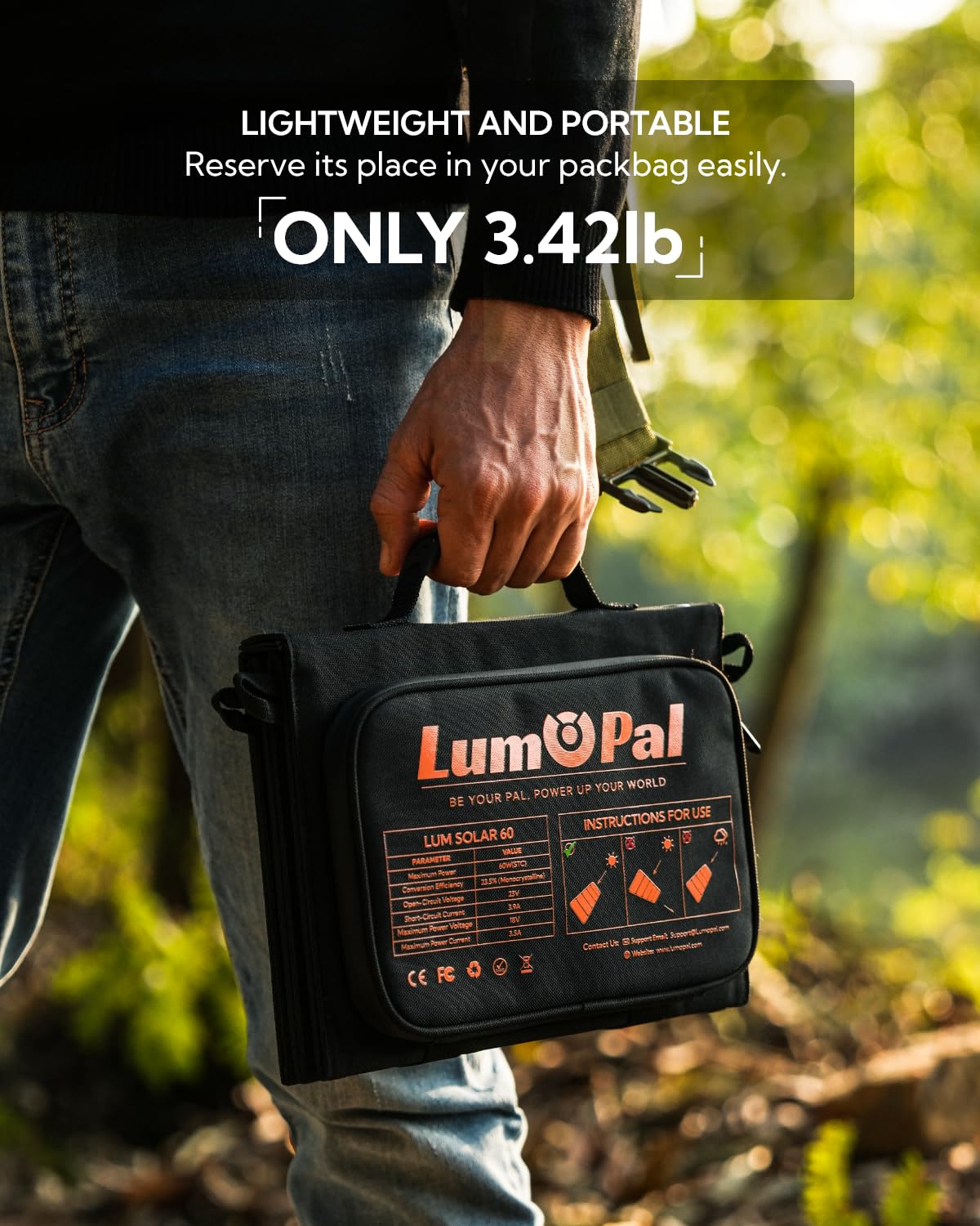 lumopal solar panel clipped to backpack charging on the trail