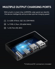 lumopal USB-C and USB-A ports closeup for fast device charging