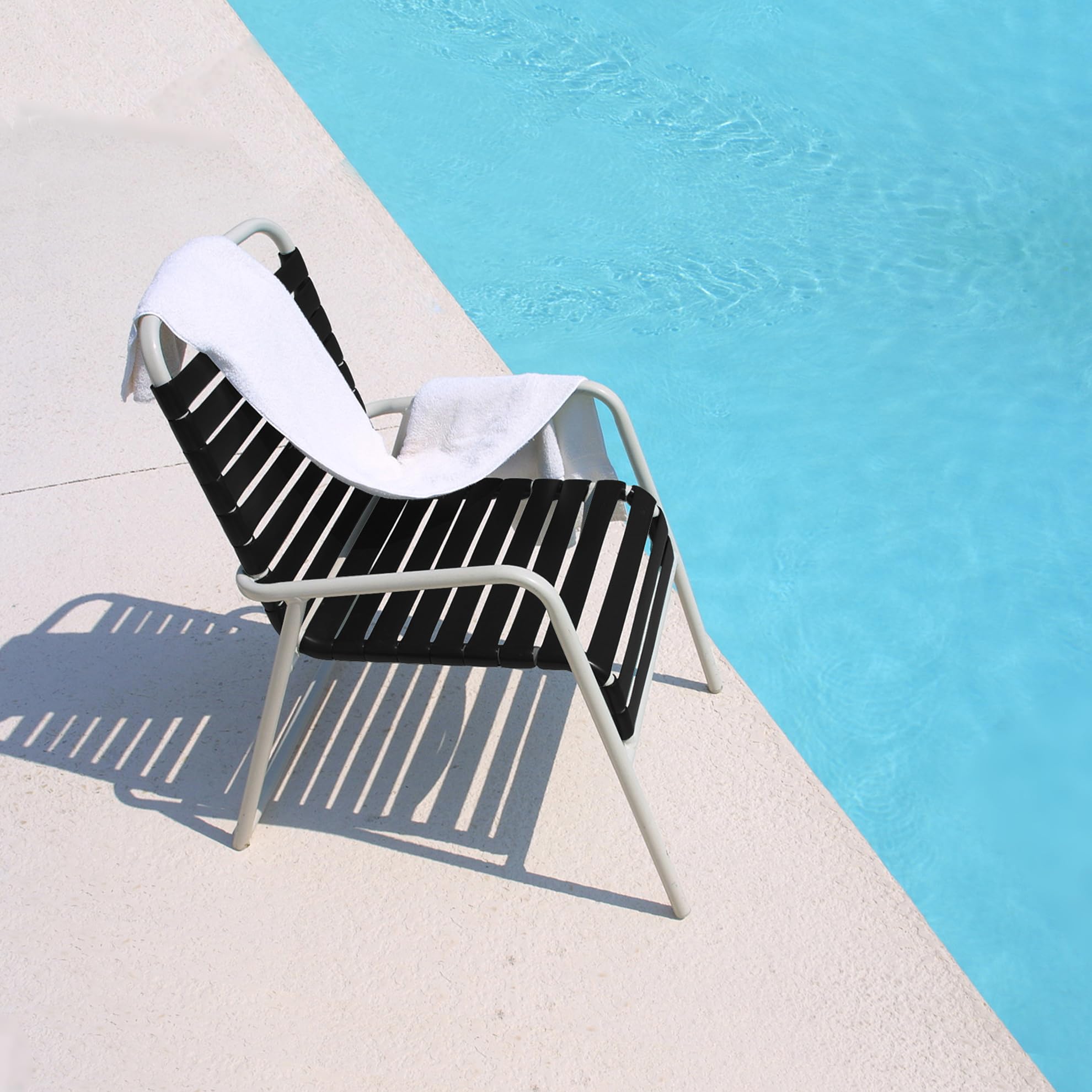 Side-by-side before and after patio chair with Lumpro straps showing restored look