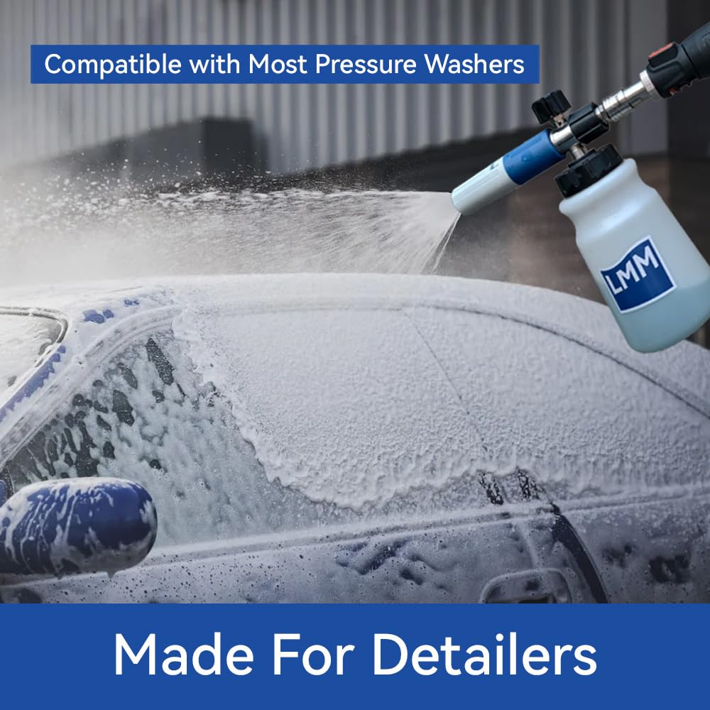 LUMUMIX foam cannon in use producing thick foam on car for improved pre-wash coverage