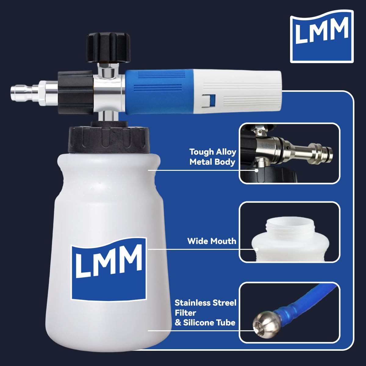 LUMUMIX foam cannon nozzle closeup highlighting adjustable spray and precise foam control