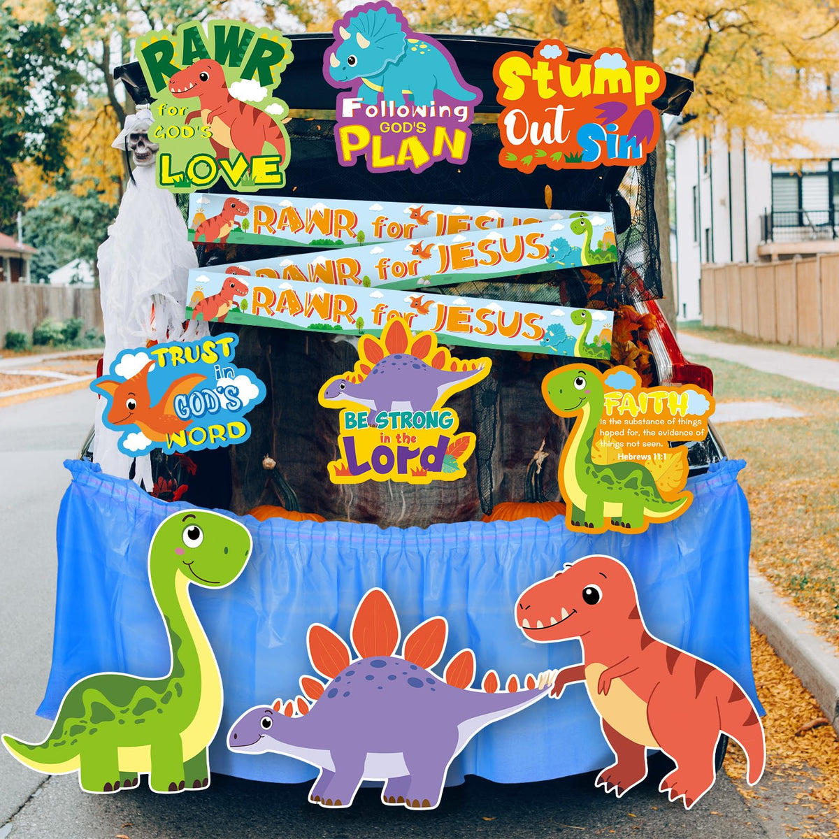 Lunmon banner front display showing colorful dinosaur theme and clear scripture message benefit