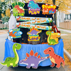 Lunmon banner front display showing colorful dinosaur theme and clear scripture message benefit