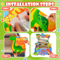 Lunmon assortment of dinosaur cutouts laid flat showing size variety and easy arrangement benefit
